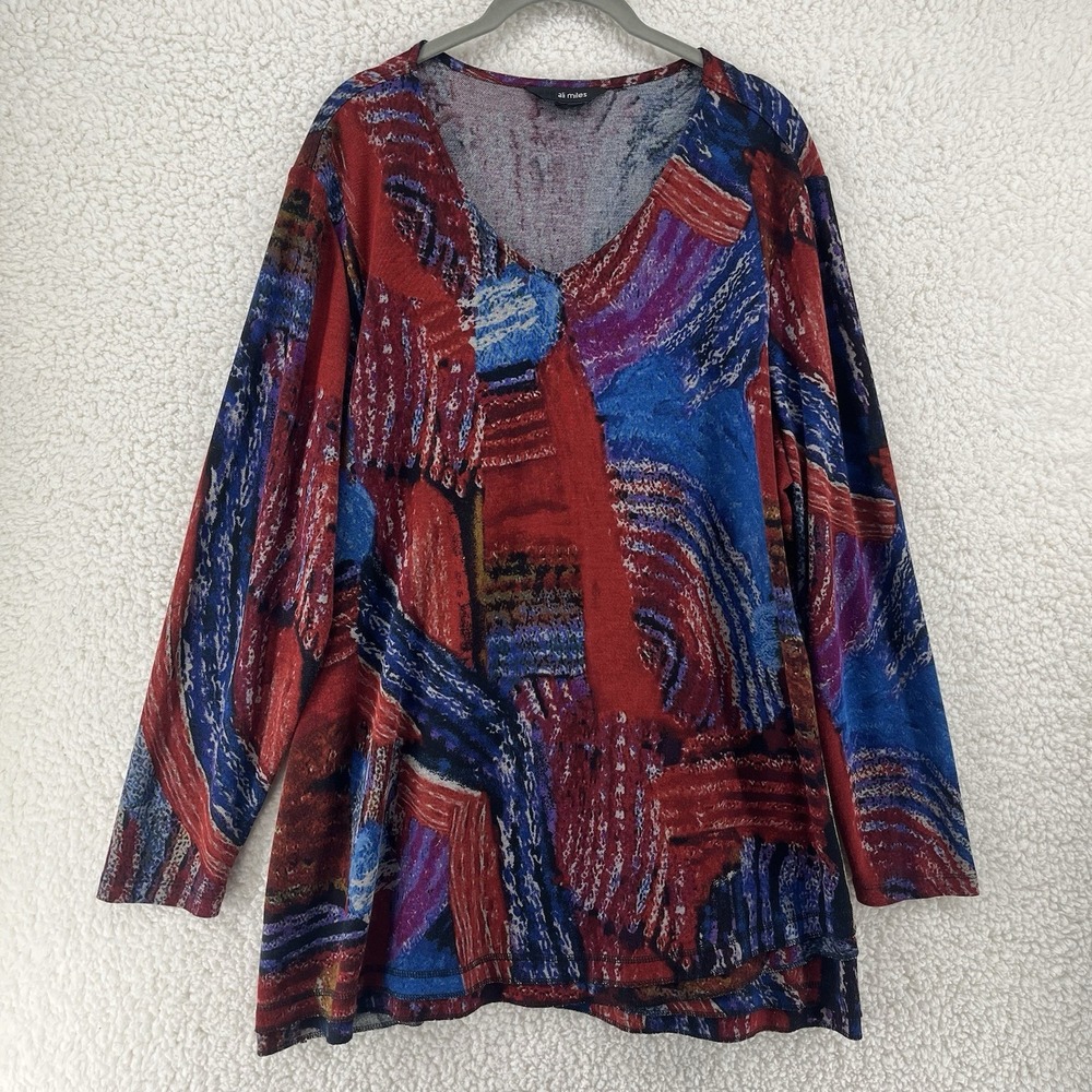Ali Miles Blouse Womens XL Geometric Tunic V Neck Long Sleeve Relaxed Fit Top